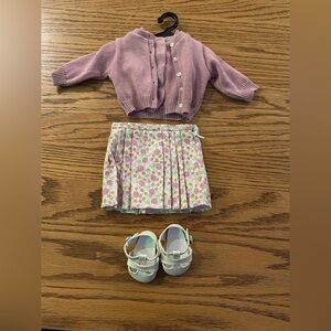 American Girl Kit Meet Outfit. Cardigan, Sweater, Skirt, and white shoes.